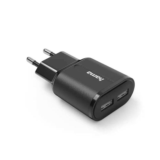 HAMA Зарядно с вграден кабел с 2 USB-A порта 12W Черен (00201971)