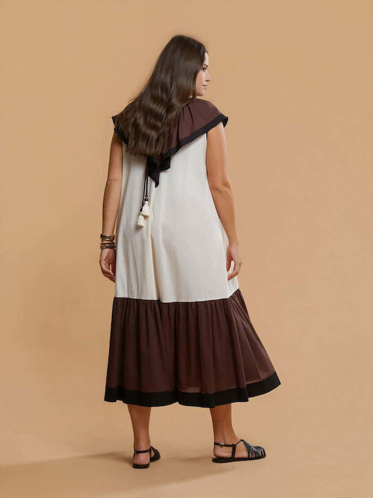 Rochii De Vară Pentru Femei Midi Rochie Drapat Cu Volane Ecru 8501.7144.R.NETTO-off-white-brown