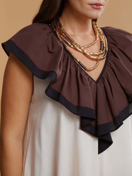 Rochii De Vară Pentru Femei Midi Rochie Drapat Cu Volane Ecru 8501.7144.R.NETTO-off-white-brown