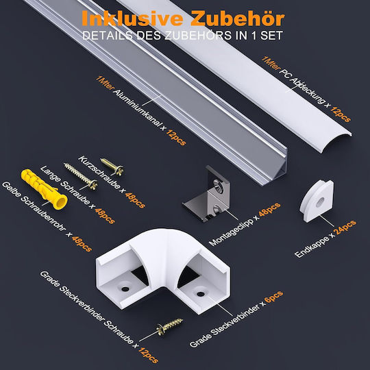 Set Profil Aluminiu Pentru Bandă LED Chesbung 12 Bucăți 1 M Formă V Alb