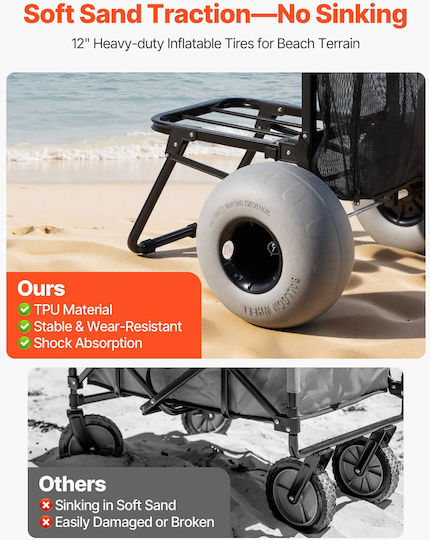 Vevor Beach Dolly Big Wheels Sand 460 X 375 Mm Cargo Deck Folding Sand Cart 320 Mm Balloon Wheels 75 Kg Load Capacity 855-1150 Mm Adjustable Height Heavy Duty Cart Beach Camping