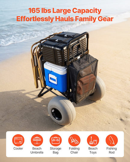 Vevor Beach Dolly Big Wheels Sand 460 X 375 Mm Cargo Deck Folding Sand Cart 320 Mm Balloon Wheels 75 Kg Load Capacity 855-1150 Mm Adjustable Height Heavy Duty Cart Beach Camping