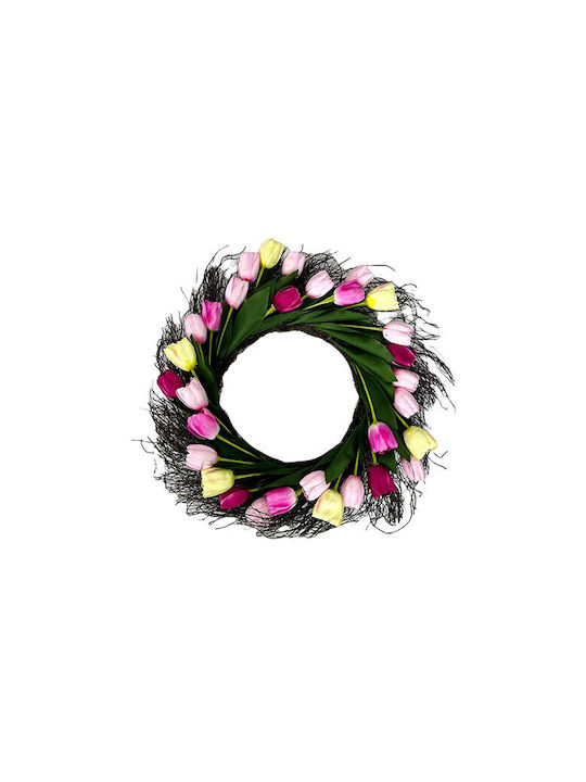 Hanging Wreath Decoration Handcrafted Tulips On A Bed Natural Twigs Multicolor