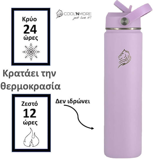 Cool'NMore Stainless Steel Thermos Bottle BPA Free 750ml Lavender with Straw Handle Loop and Mouthpiece