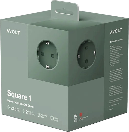 AVOLT Avolt Square PowerCube 3 Θέσεων με 1 USB-C και Καλώδιο 1.8m Πράσινο