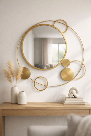 SteweHome Oglindă de Perete cu Cadru Metalic Galben Diametru 87cm