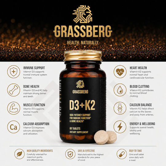 Grassberg Vitamin D3 + K2 Витамин за Здравето на костите 60 Таблетки