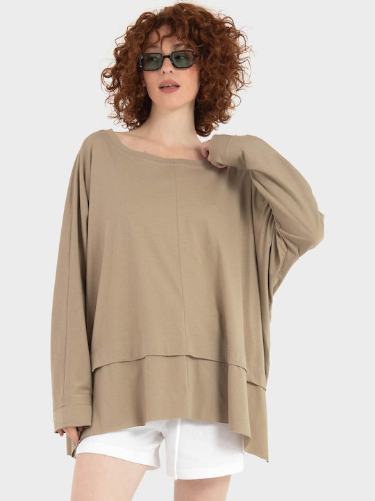 Γυναικεία Μπλούζα Βαμβακερή Μακρυμάνικη Beige