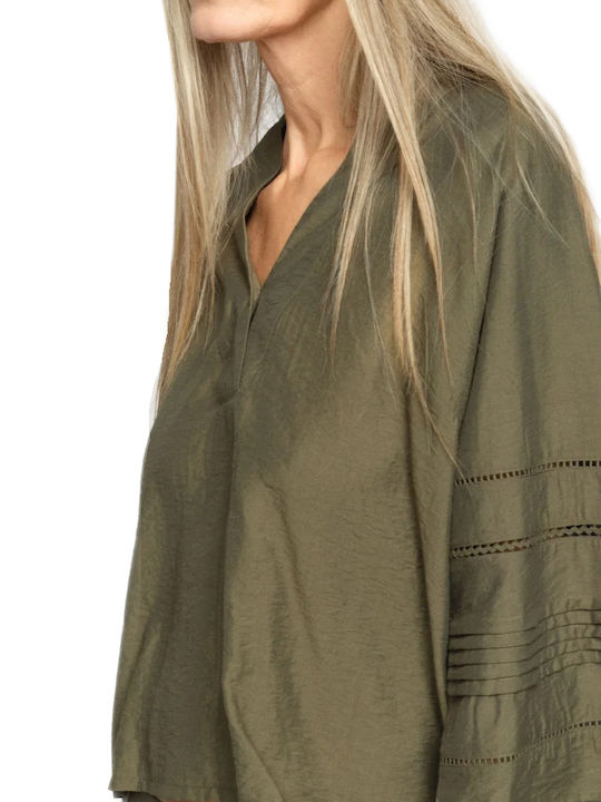 Women's Blouse with 3/4 Sleeve and V-Neck Khaki