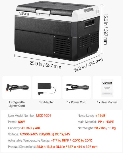Vevor Portable Fridge 40L 12V 100-240V