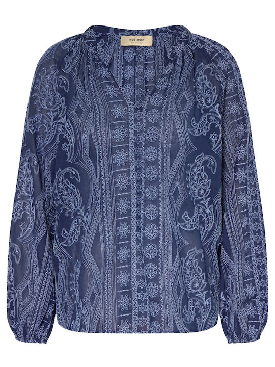 Women's Cotton Long Sleeve Top with V-Neck Blue