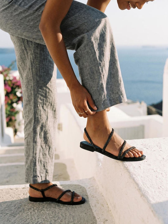 Leder Flache Sandalen für Damen Schwarz