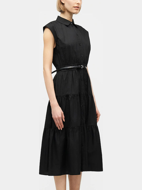 Summer Midi Shirt Dress Sleeveless Black