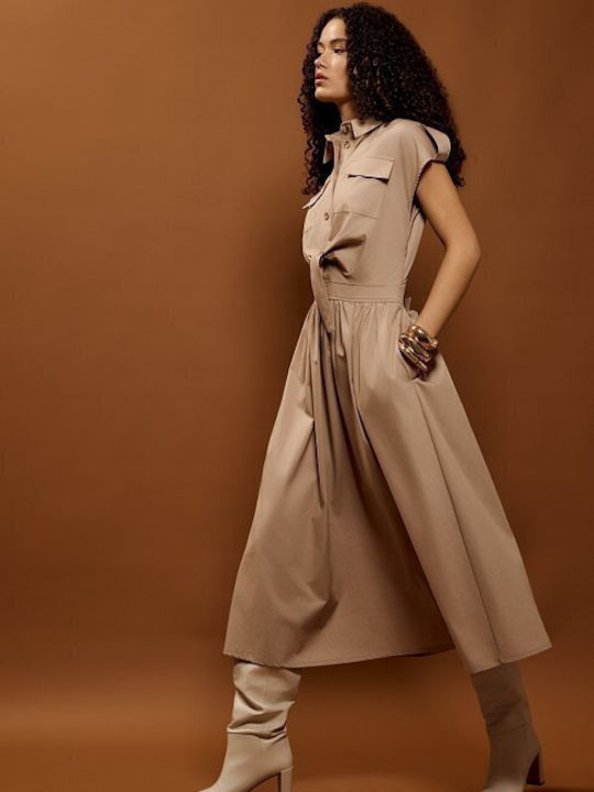 Summer Midi Shirt Dress Short Sleeve Beige
