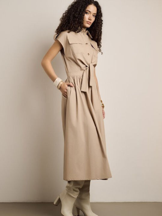 Summer Midi Shirt Dress Short Sleeve Beige