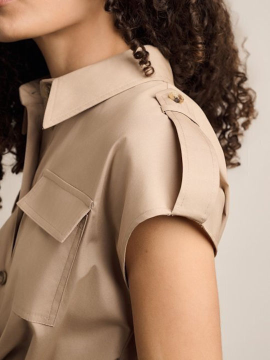 Summer Midi Shirt Dress Short Sleeve Beige