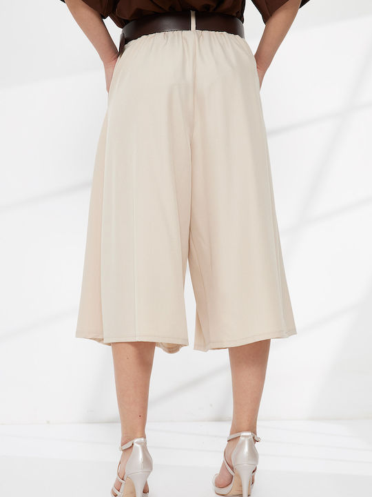 Women's High Rise Zip Culottes with Rubber Band Beige