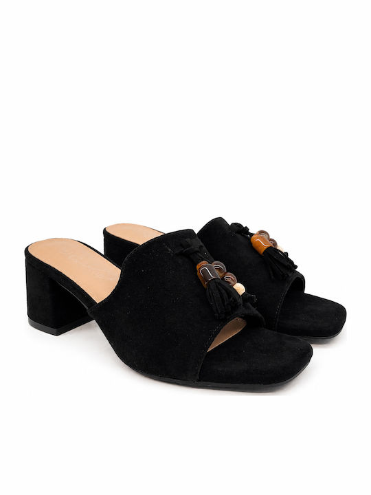 Suede Mules με Τακούνι σε Μαύρο Χρώμα