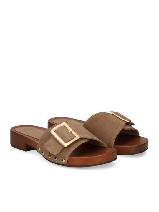 Suede Mules με Χαμηλό Τακούνι σε Μπεζ Χρώμα