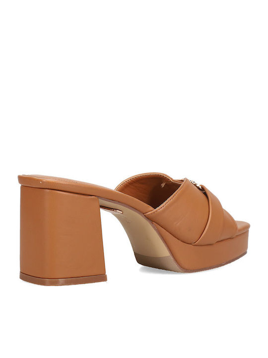 Mules With Chunky High Heel In Tabac Brown Colour