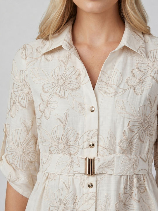 Langärmeliges Damenhemd Beige Blumen