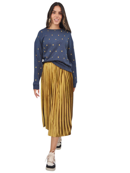 Pleated High Waist Midi Skirt Gold