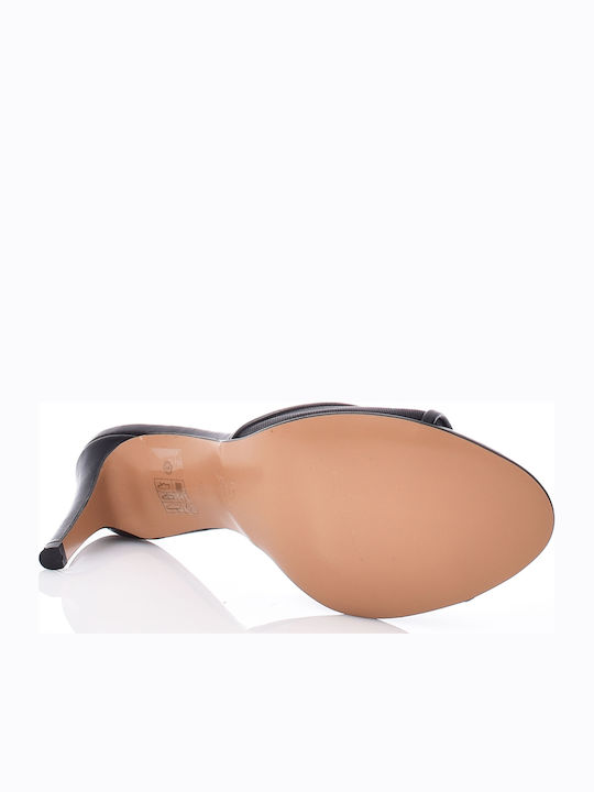 Leather Mules with Thin High Heel in Black Colour