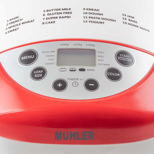 Muhler Αρτοπαρασκευαστής 850W Χωρητικότητας 1500gr με 15 Προγράμματα