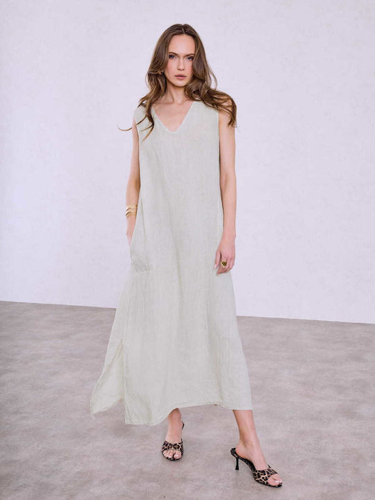 Celestino Damen Maxi Leinen Kleid Mit Taschen Locker Sitzt Beigefarben