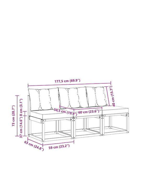 Three-Seater Outdoor Wooden Sofa with Cushions