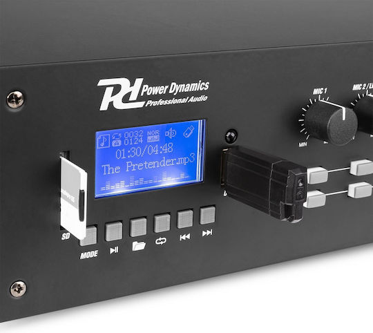 Power Dynamics PRM1202 Интегриран Търговски усилвател 5 канала 120W/8Ω с 2 зони и USB/Bluetooth връзки в Черен цвят