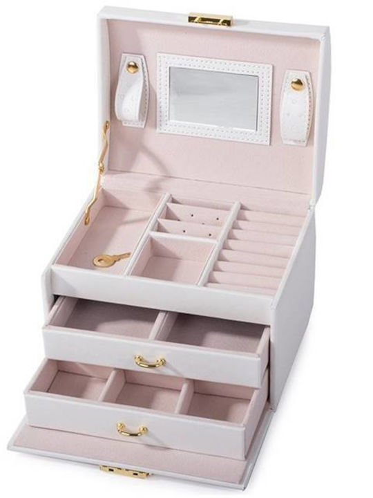Casetă pentru Bijuterii din Catifea cu Sertar și Oglindă Albă 17.5x13.8x13.5cm