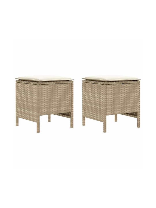 Garden Stool Cube Outdoor Rattan with Beige Cushion 2 Pieces 38x38x45cm