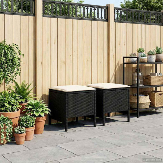 Garden Stool Cube Outdoor Rattan with Cushion Black 2 Pieces 38x38x45cm