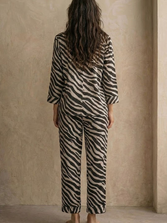 Pijama din satin cu textură fină 'Diodora' imprimeu animal negru