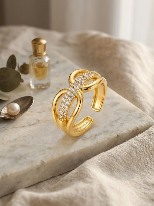 Women's Ring with Diamond & Zircon Made of Gold Plated Steel