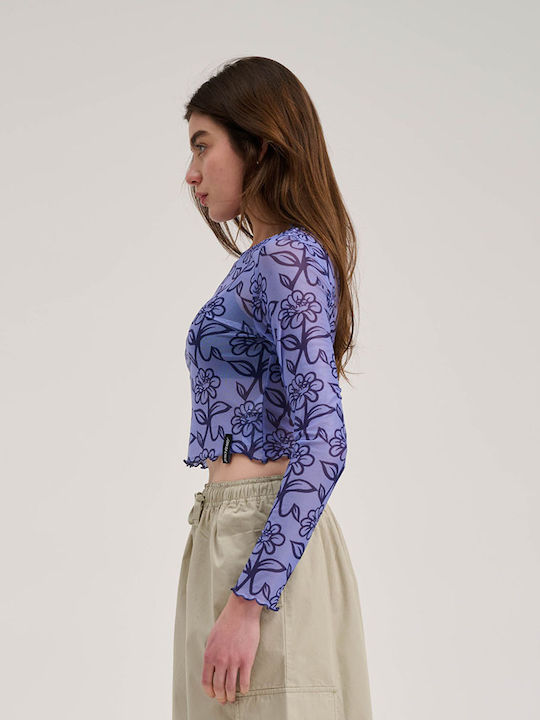 Women's Crop Top Long Sleeve Floral Dark Blue