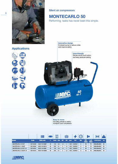 Abac Montecarlo Μονοφασικό Κομπρεσέρ Αέρος 59dB με Ισχύ 2hp και Αεροφυλάκιο 50lt