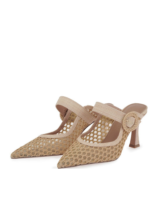 Mules With High Heel In Beige Colour W47002914284-BEIGE Knit 8179-4 With 2116-5 Raffia