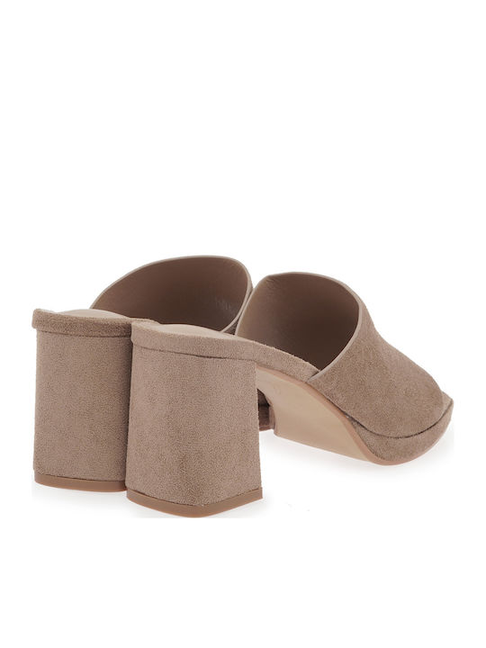 Suede Mules με Ψηλό Τακούνι σε Καφέ Χρώμα