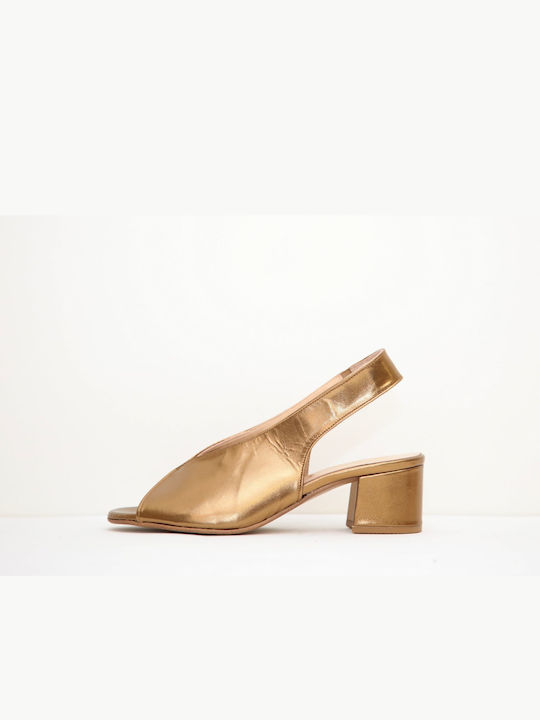 Δερμάτινες Peep Toe Γόβες με Μεσαίο Τακούνι Χρυσές