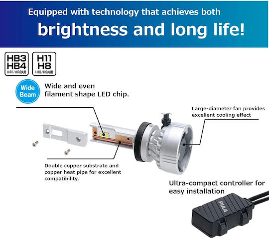 PIAA Λάμπα Αυτοκινήτου & Μοτοσυκλέτας H11 / H8 / H9 / H16 LED 6000K Ψυχρό Λευκό 12V 45W