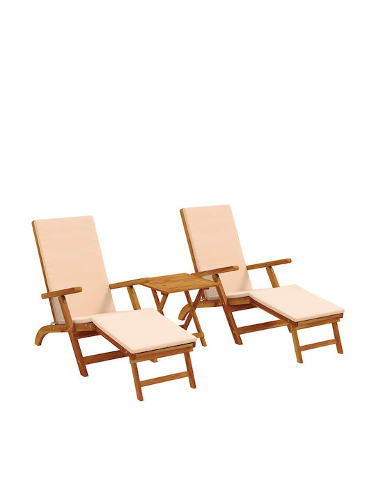 Șezlong Din Lemn Cu Pernă Bej Set Cu Masă 3 Buc 146x55x91 cm