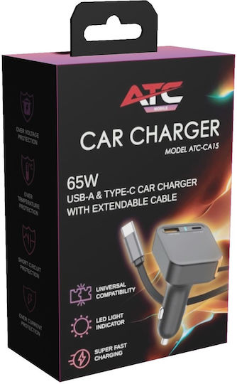 ATC ATC Handy-Autoladegerät 65W mit Anschlüssen 1xUSB 1xTyp-C inklusive Kabel Typ-C Schwarz