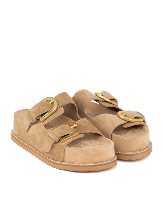 Δερμάτινα Γυναικεία Σανδάλια Flatforms Μπεζ