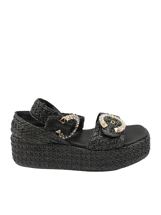 Leather Women's Flat Sandals in Black Color