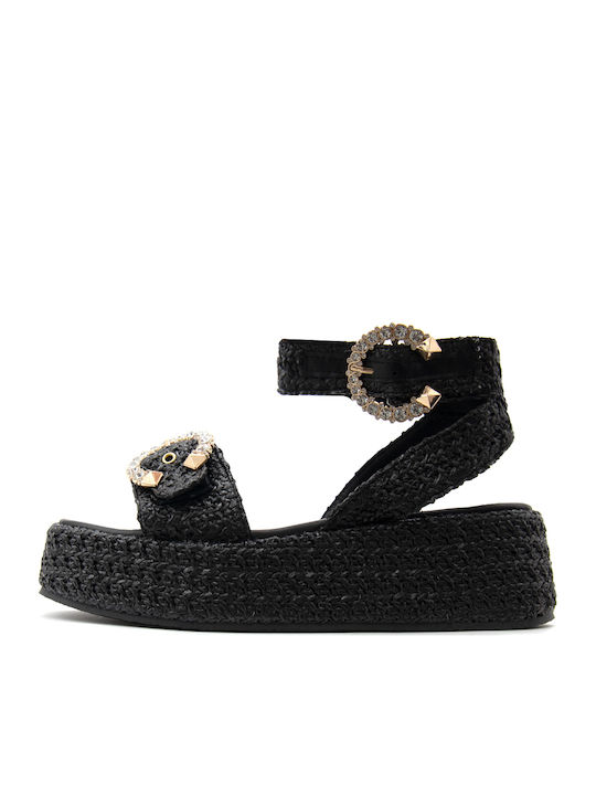 Leather Women's Flat Sandals in Black Color