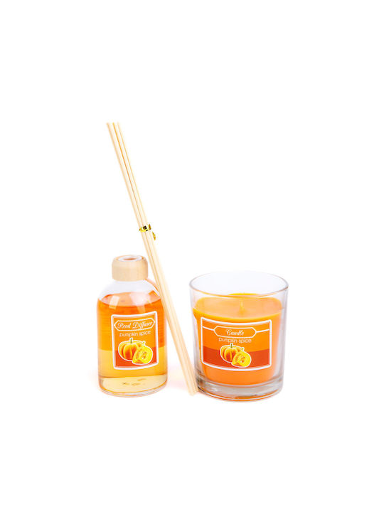 Set Difuzor Cu Bețișoare Parfumate Lumânare Miros Dovleac 120 G + 100 Ml
