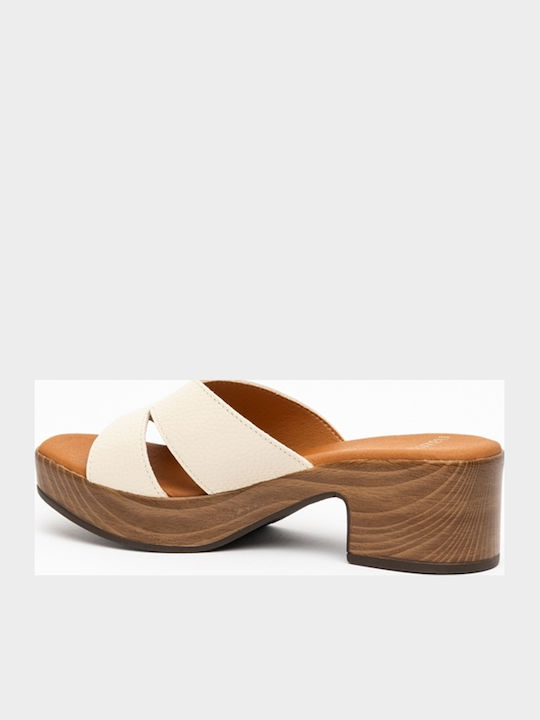 Mules With Low Heel In Ecru Colour