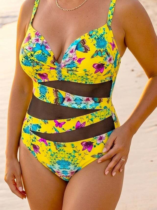 FashionForYou Ein Stück Blumen Badeanzug Gelbes